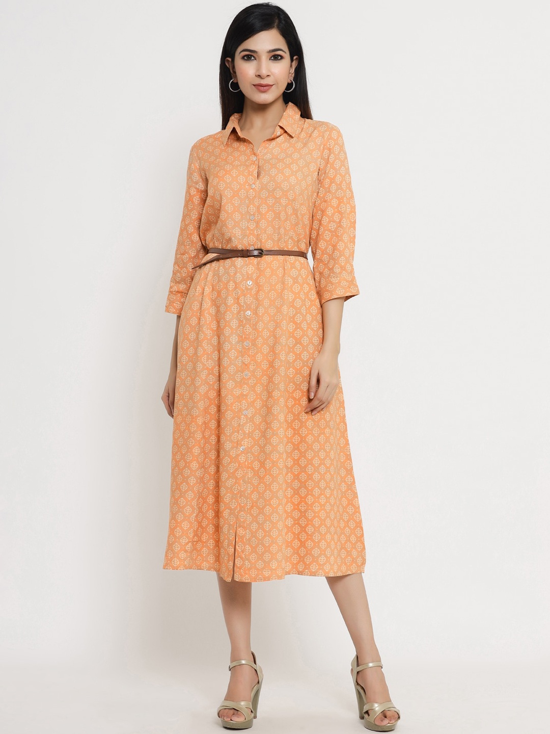 

Sangria Peach Tropical Shirt Midi Dress