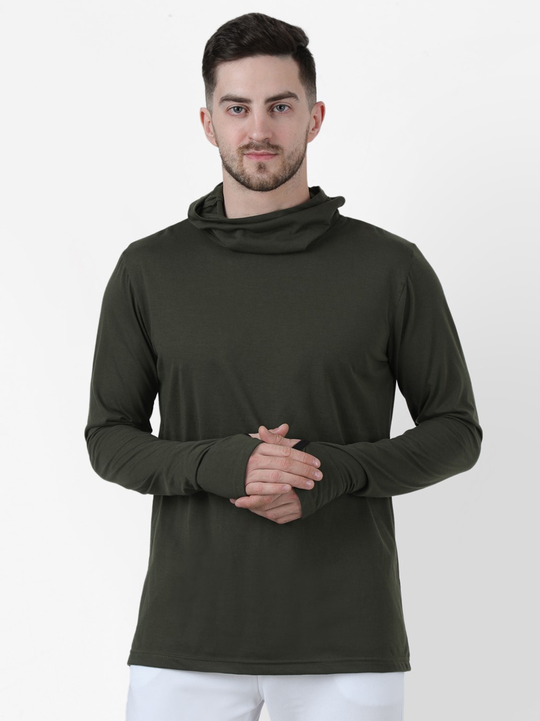 

PAUSE SPORT Men Olive Green Turtle Neck Slim Fit T-shirt