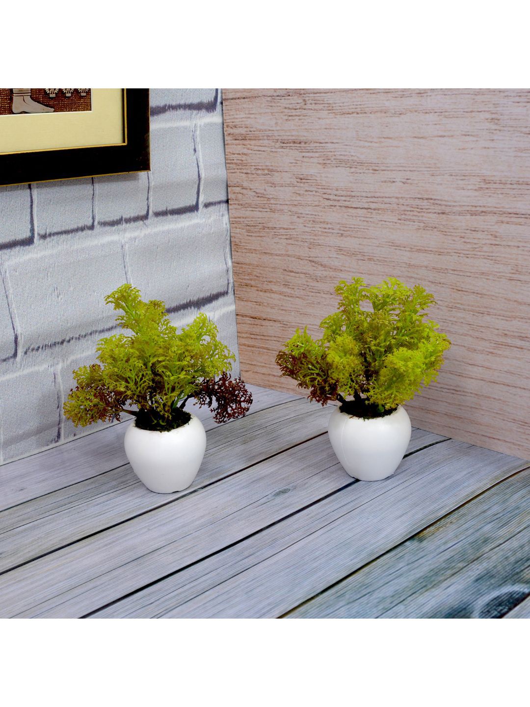 

fancy mart Set Of 2 Green Artificial Coriander Plant In White Apple Pot