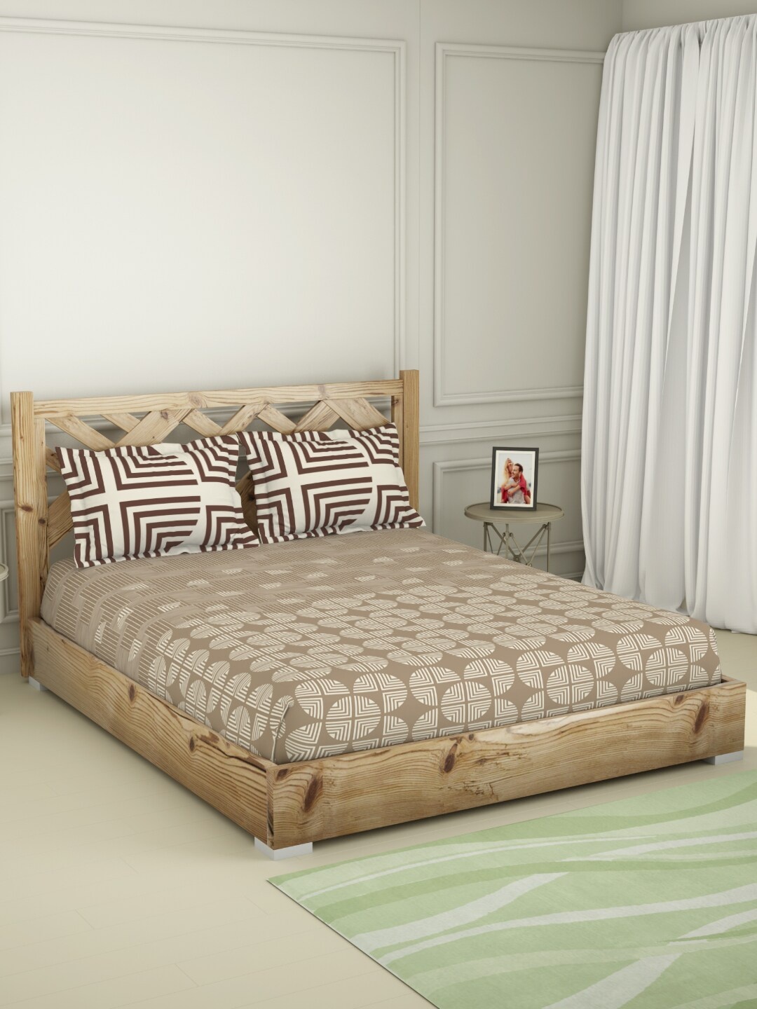 

SPACES Camel Brown & Beige Geometric 144 TC Queen Bedsheet with 2 Pillow Covers