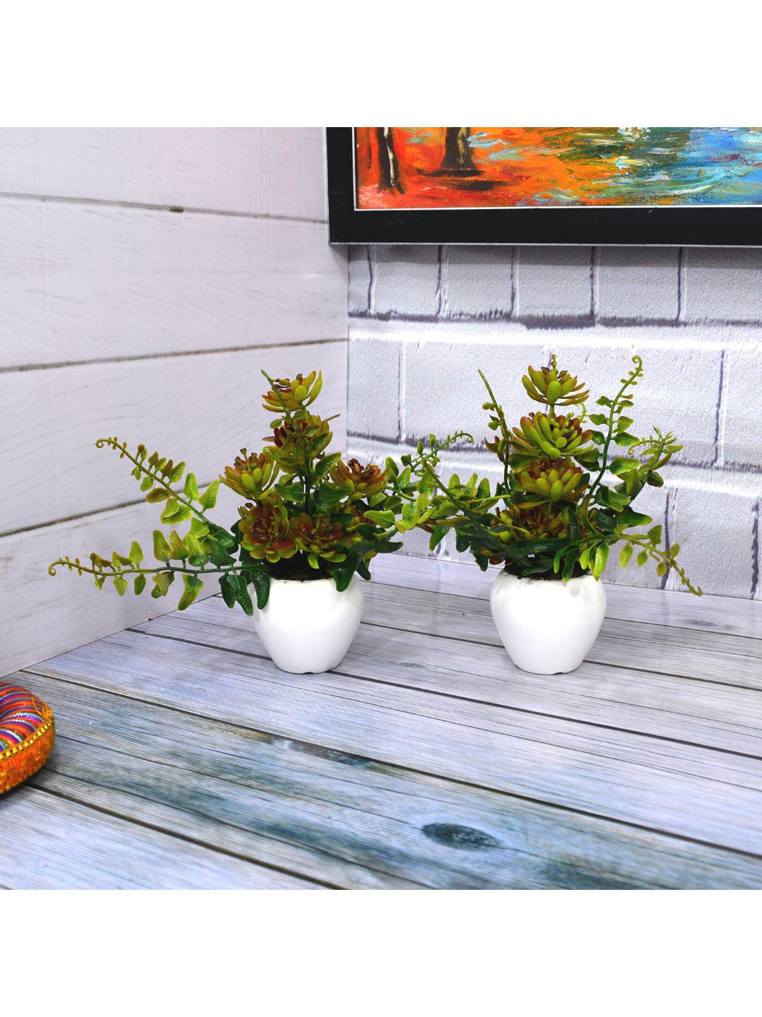 

fancy mart Set Of 2 Brown & Green Artificial Cactus Plant In Small Apple Pots