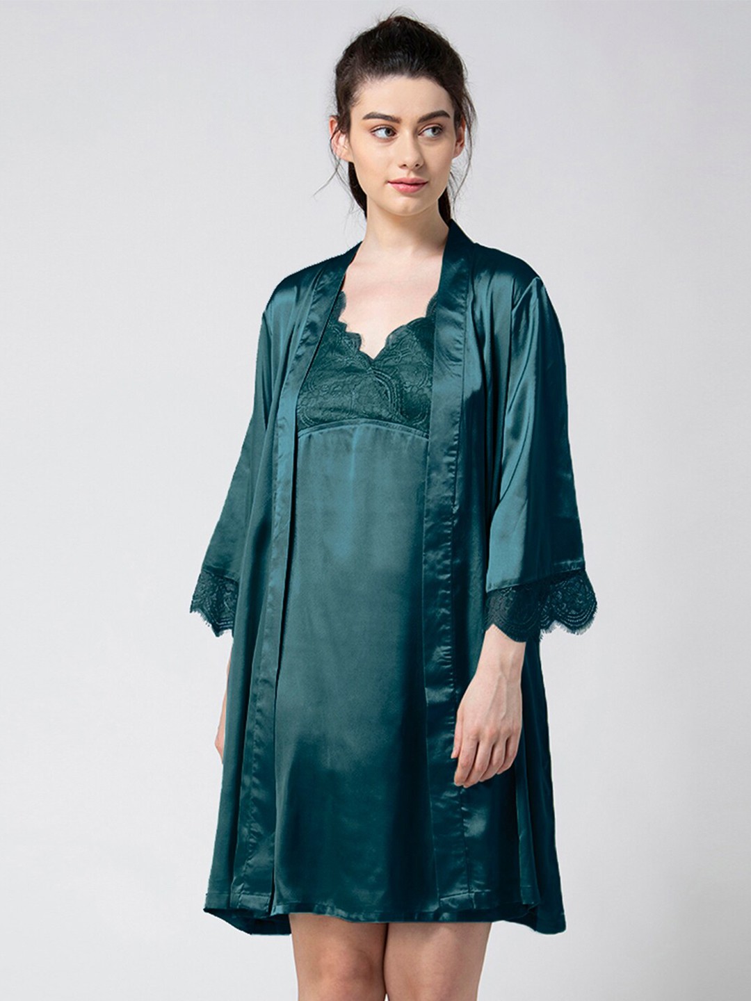 

ADORENITE Green Short Lace Night Dress with Robe