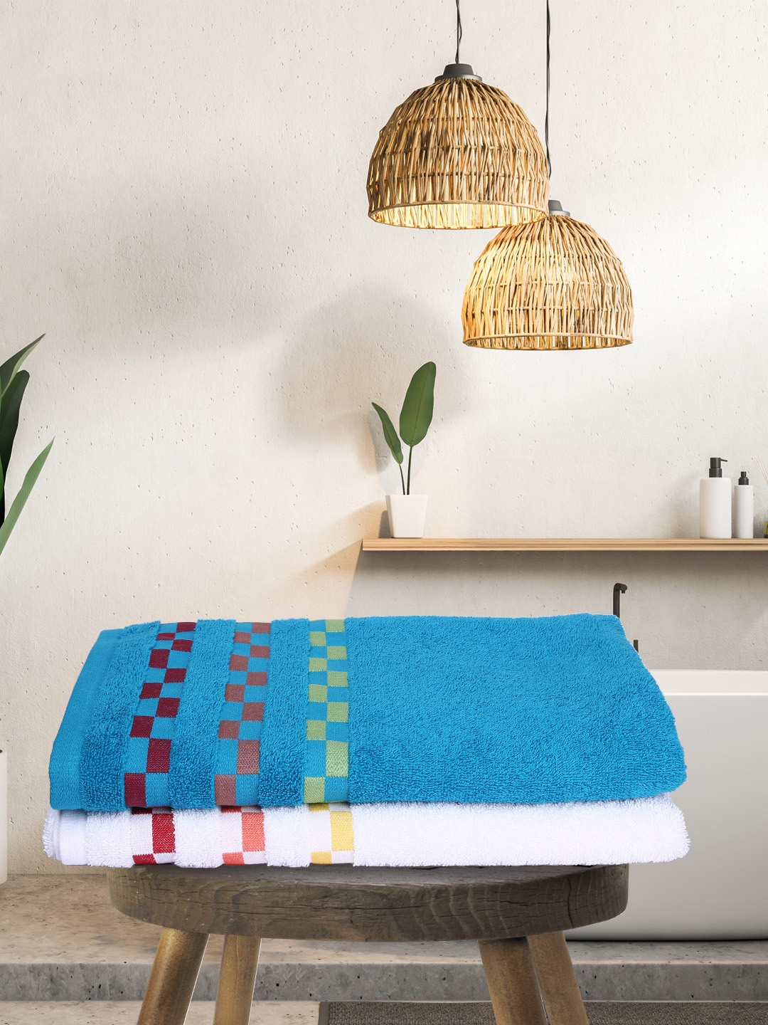 

BIANCA Set Of 2 Teal Blue & White Solid 450 GSM Pure Combed Cotton Bath Towels