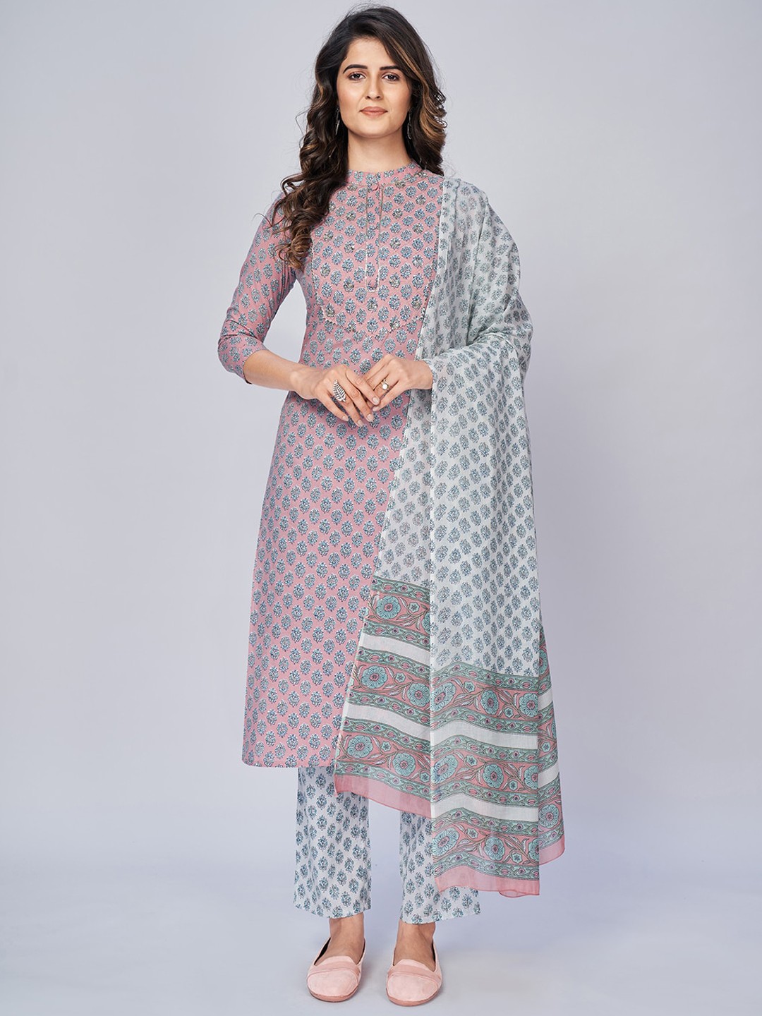 

Vbuyz Women Pink Ethnic Motifs Yoke Design Kurti with Trousers & Dupatta