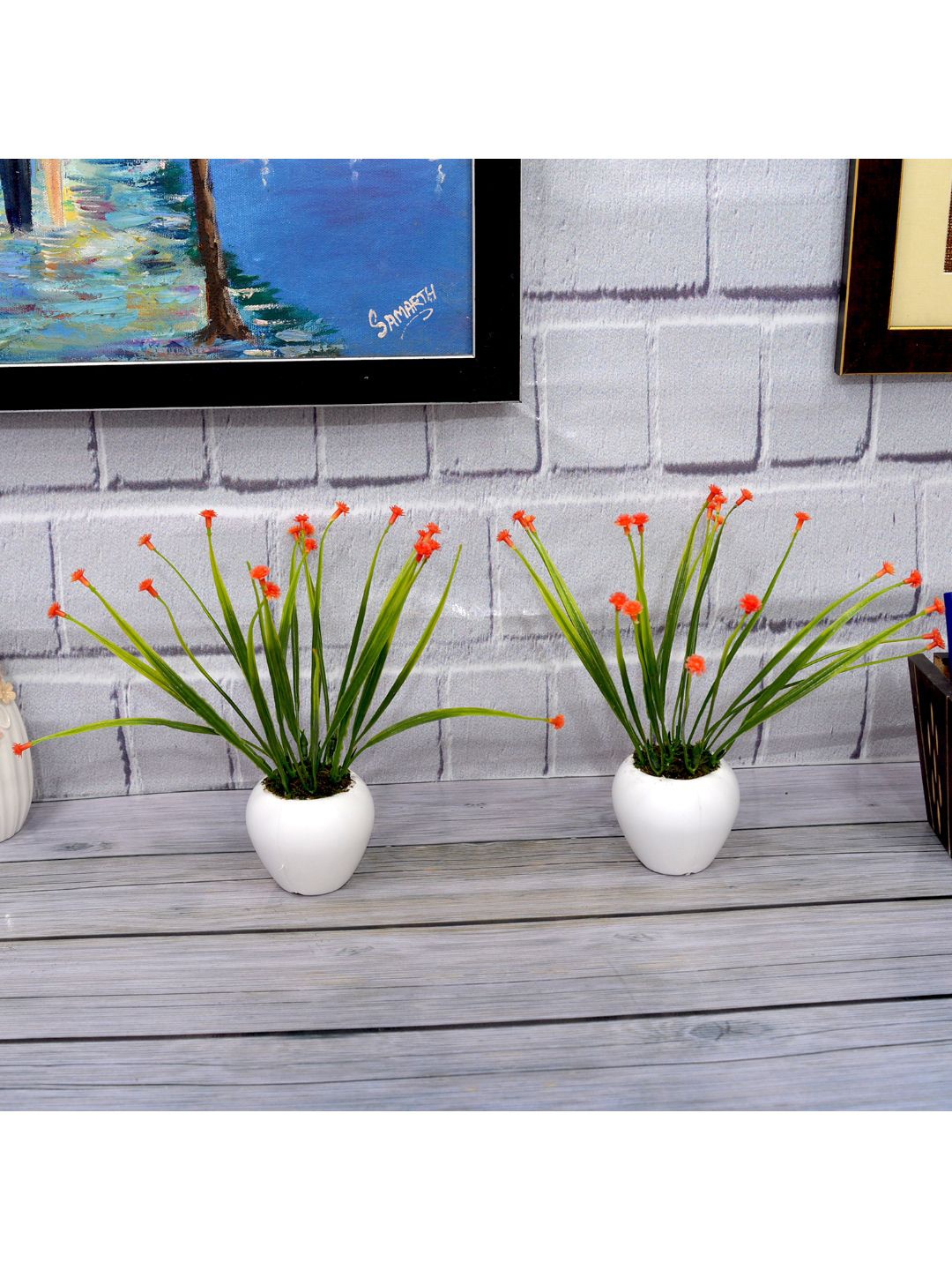 

fancy mart Set Of 2 Red & Green Artificial Flower Plants With Small Apple Pots