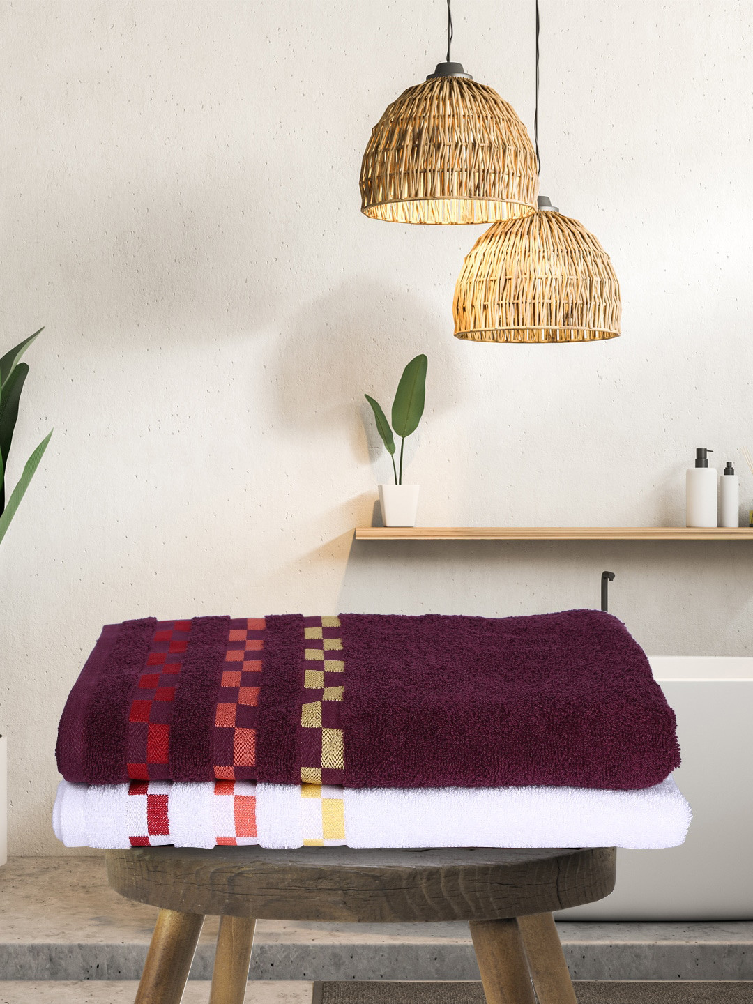 

BIANCA Pack Of 2 Mercerized Combed Cotton Bumpy-Stripes Bath Towels, Purple