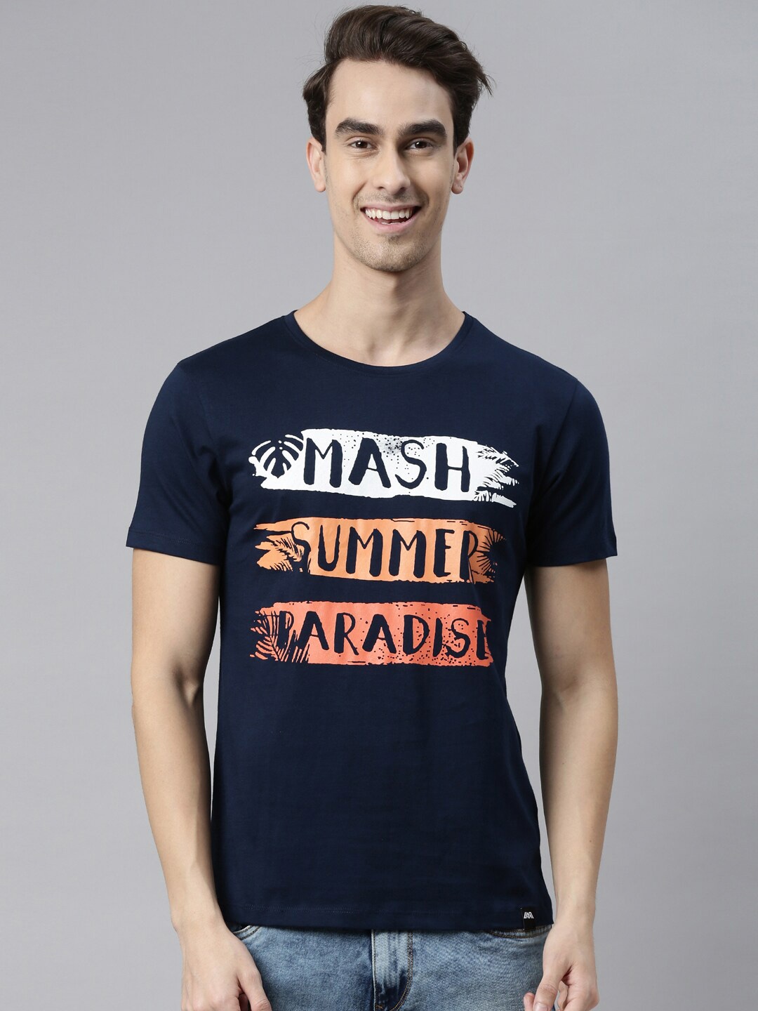

MASH UNLIMITED Men Navy Blue Typography Printed Slim Fit T-shirt