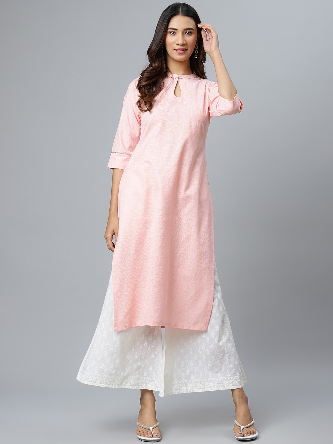 

Gerua By Libas Women Pink Cotton Calf Length Keyhole Neck Printed Straight Kurta