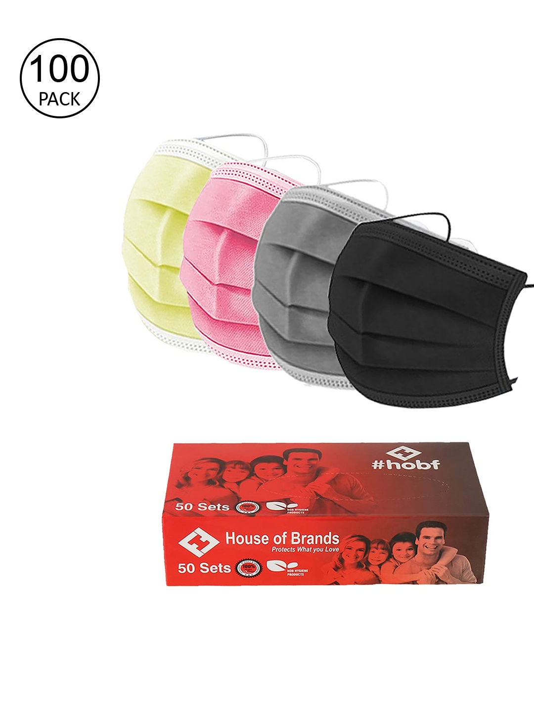 

LONDON FASHION Pack Of 100 Mixed Colours 3-ply Mask With Nose-Pin, Multi