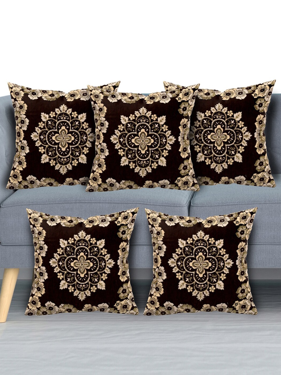 Kuber Industries Brown & Beige Set of 5 Floral Velvet Square Cushion Covers