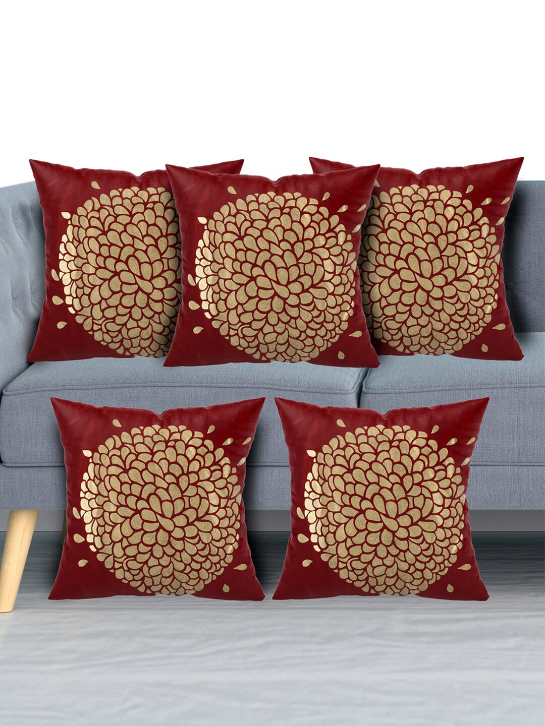 

Kuber Industries Maroon & Gold-Toned Set of 5 Floral Velvet Square Cushion Covers