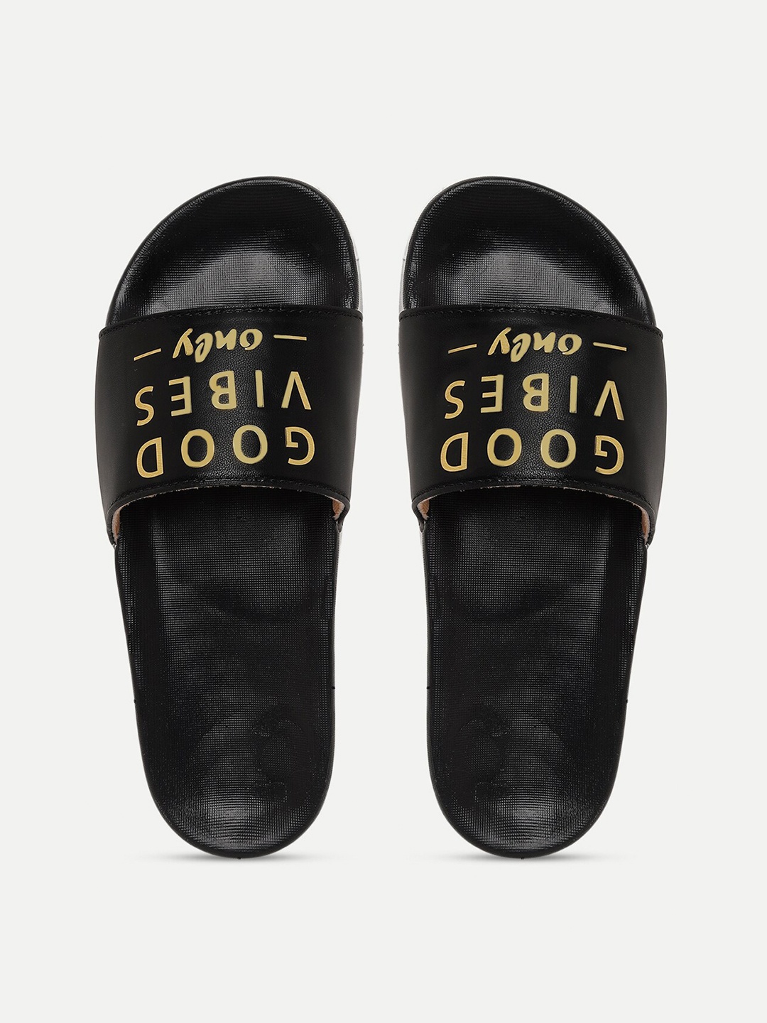 

FREECO Women Black & Gold-Toned Printed Sliders