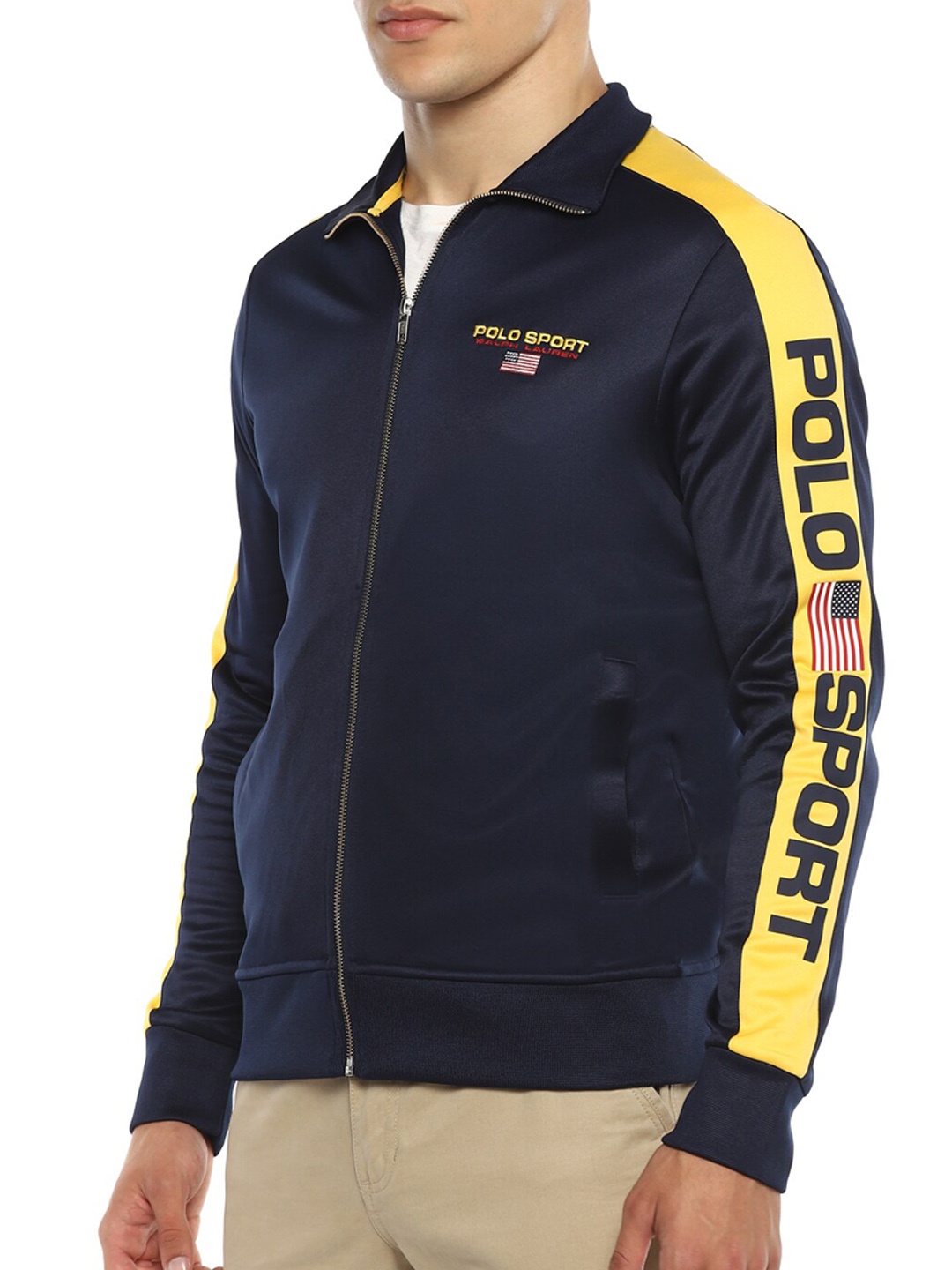 

Polo Ralph Lauren Men Navy Blue Colourblocked Longline Sporty Jacket with Embroidered