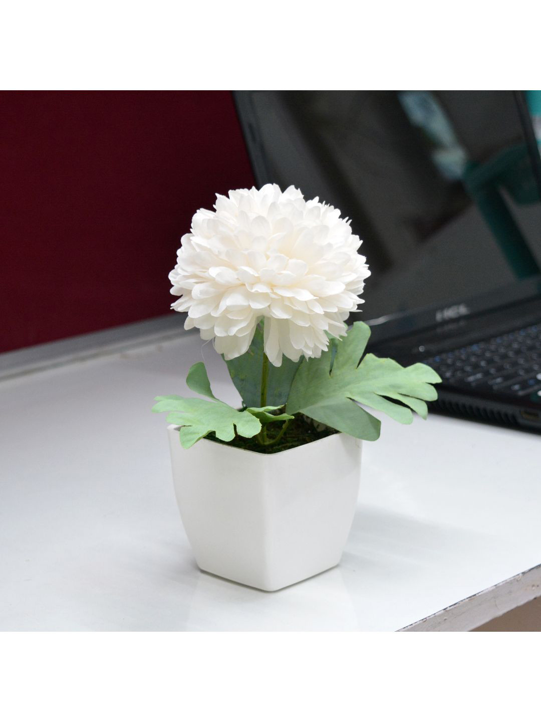 

fancy mart Set Of 2 White & Green Artificial Flower Chrysanthemum In Pearl Pot