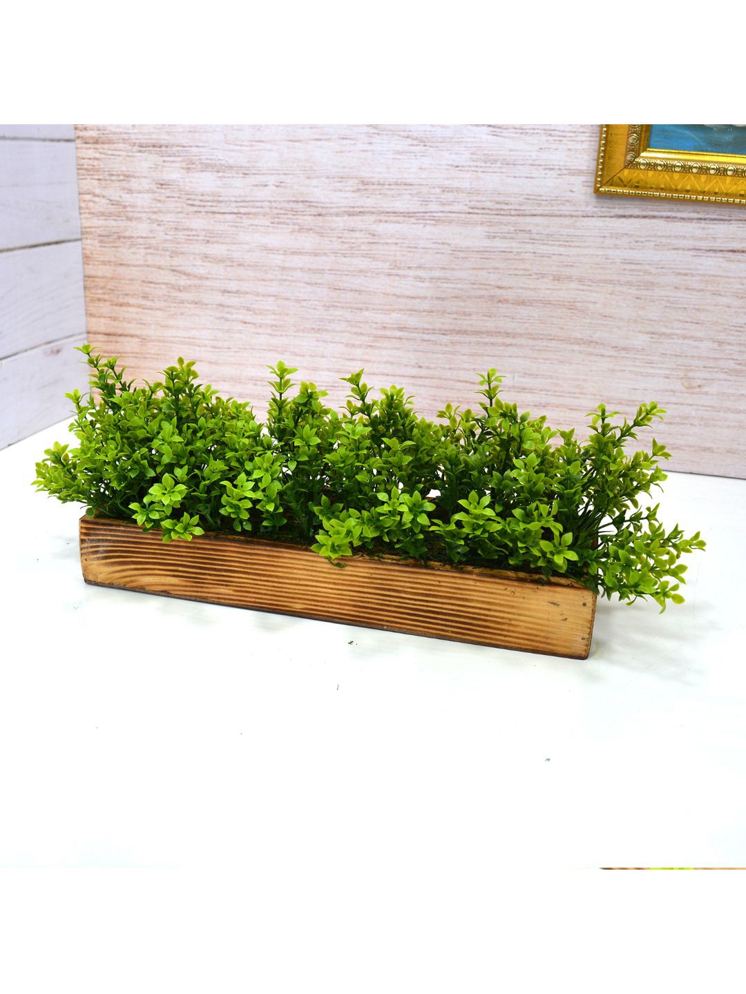 

fancy mart Green & Brown Artificial Gardenia Plant Bunch In Wood Planter