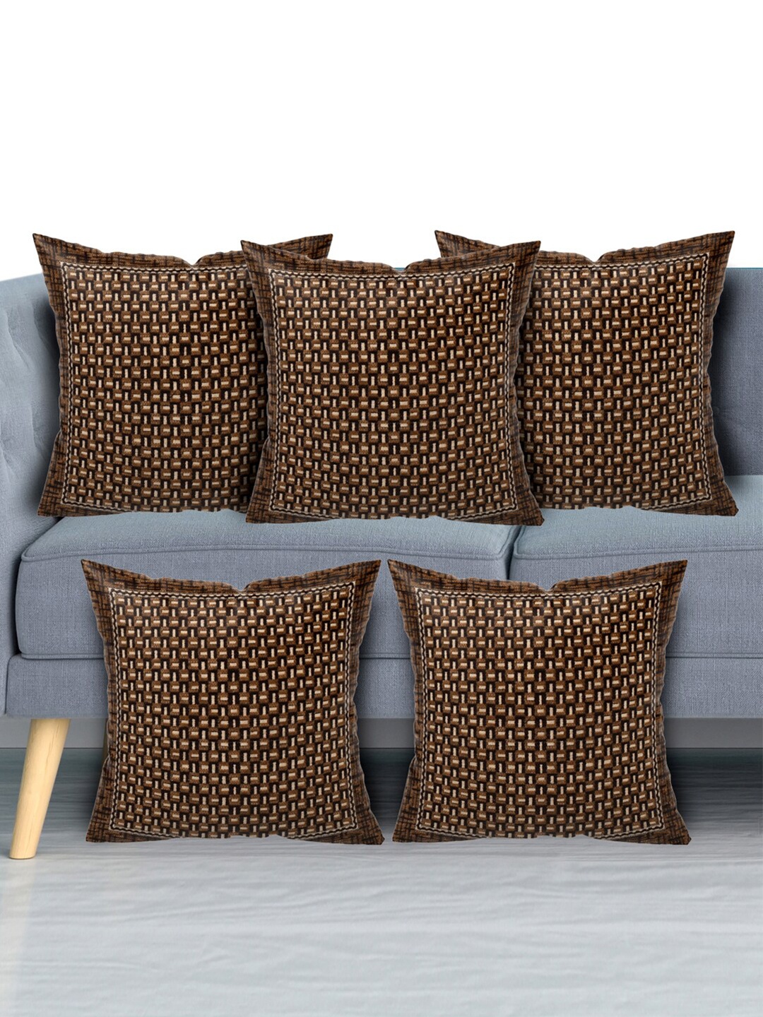 

Kuber Industries Set Of 5 Brown & Gold-Toned Geometric Velvet Square Cushion Covers