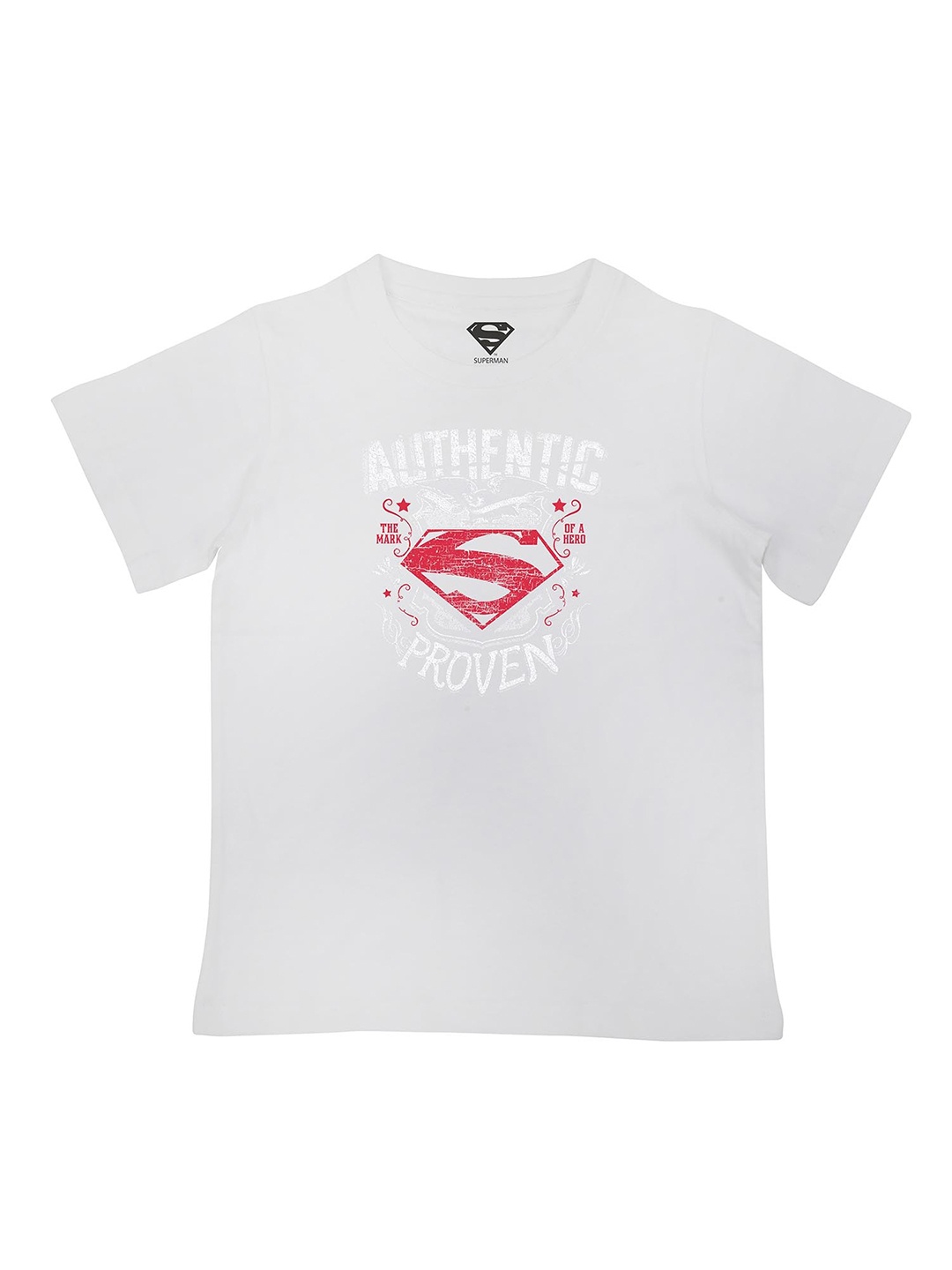 

Superman Boys White Superman Printed Round Neck Pure Cotton T-shirt