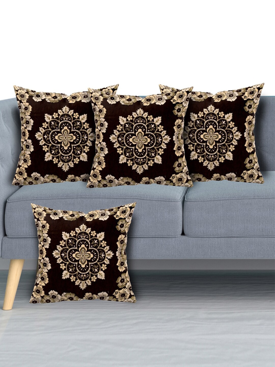 

Kuber Industries Brown & Beige Set of 4 Floral Velvet Square Cushion Covers