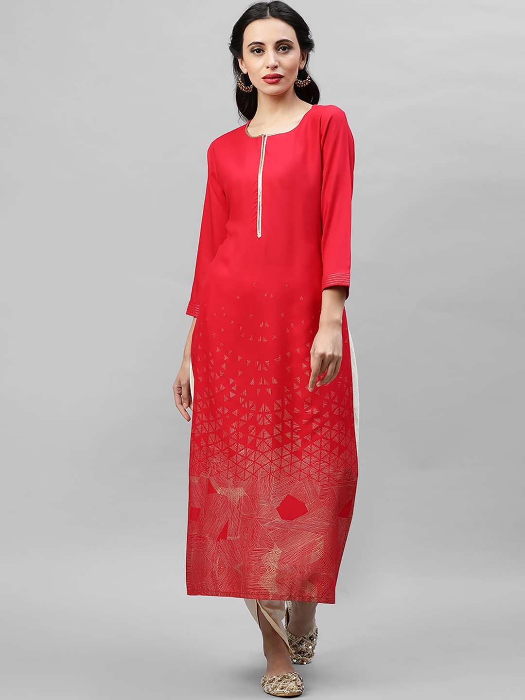 

Indo Era Women Red Foil Printed Straight Kurta