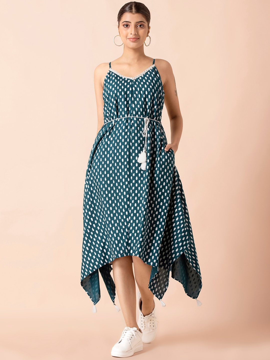 

INDYA Blue Belted Strappy High Low Dress