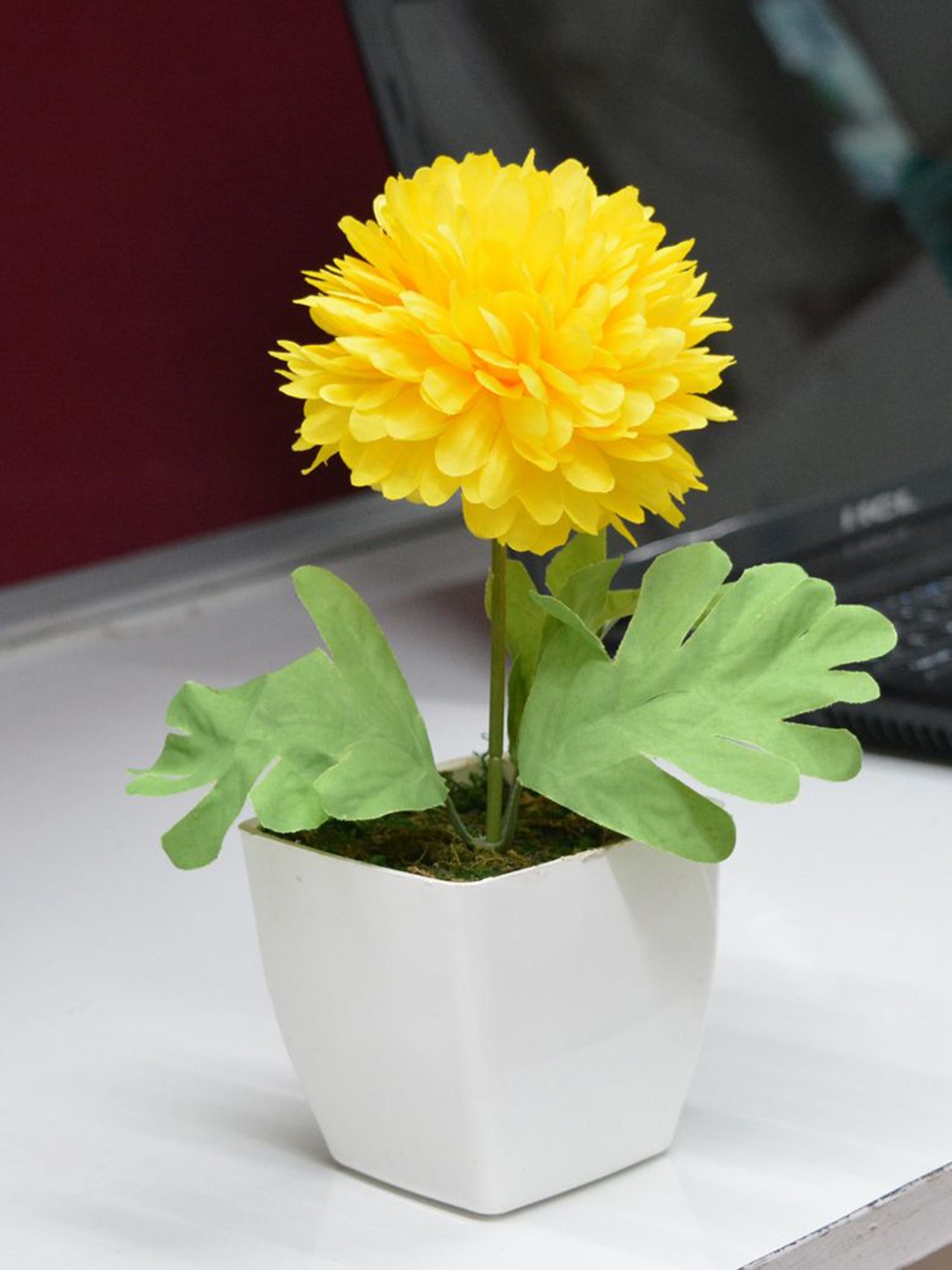 

fancy mart Set Of 2 Yellow & Green Artificial Flower Chrysanthemum With Pot