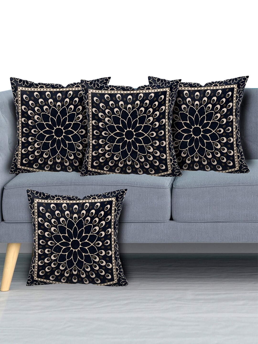 

Kuber Industries Navy Blue & White Set of 4 Floral Velvet Square Cushion Covers