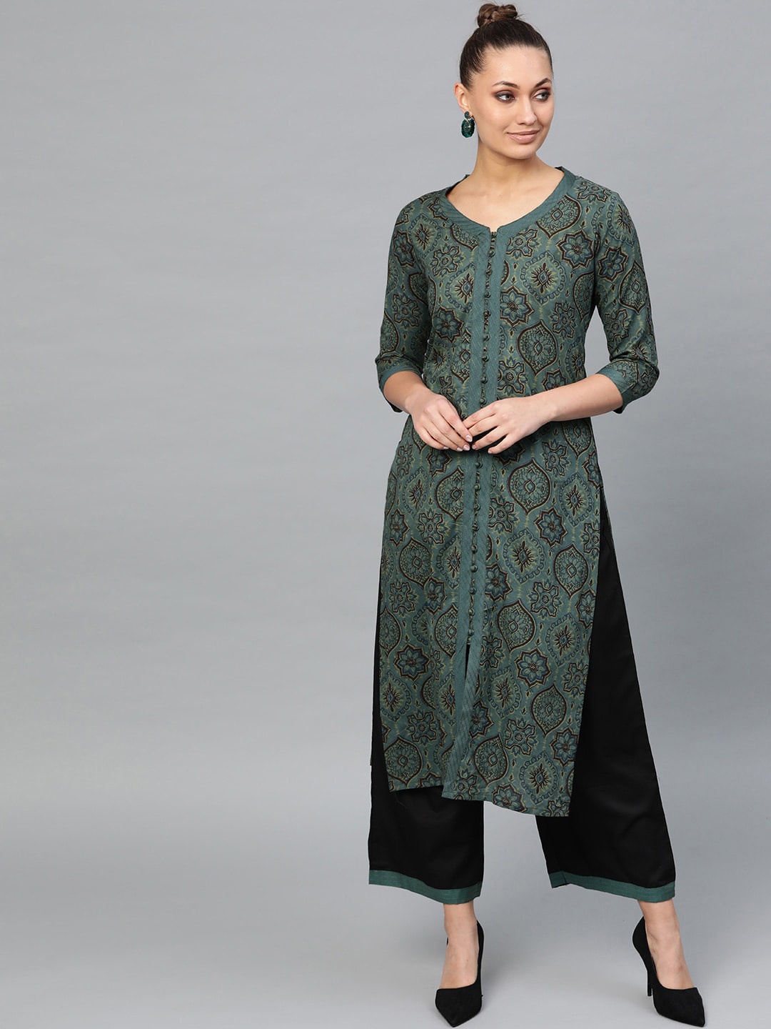 

Indo Era Women Green Ethnic Motifs Printed Pure Cotton Kurta with Palazzos