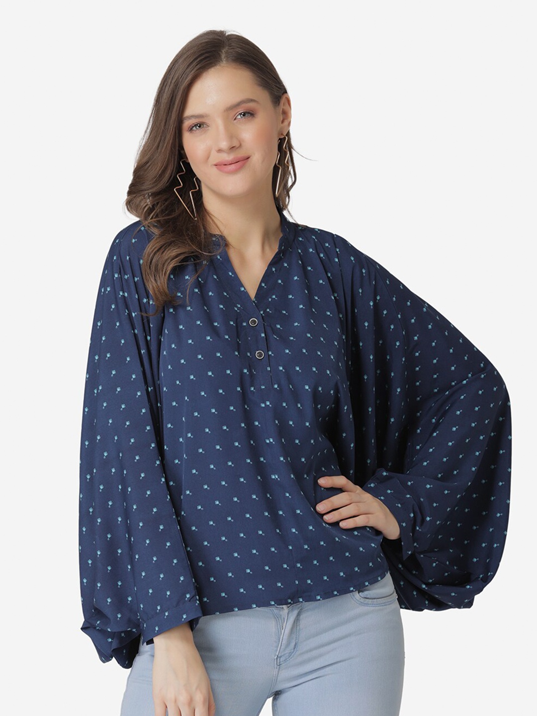 

Modriba Navy Blue Mandarin Collar Crepe Blouson Top
