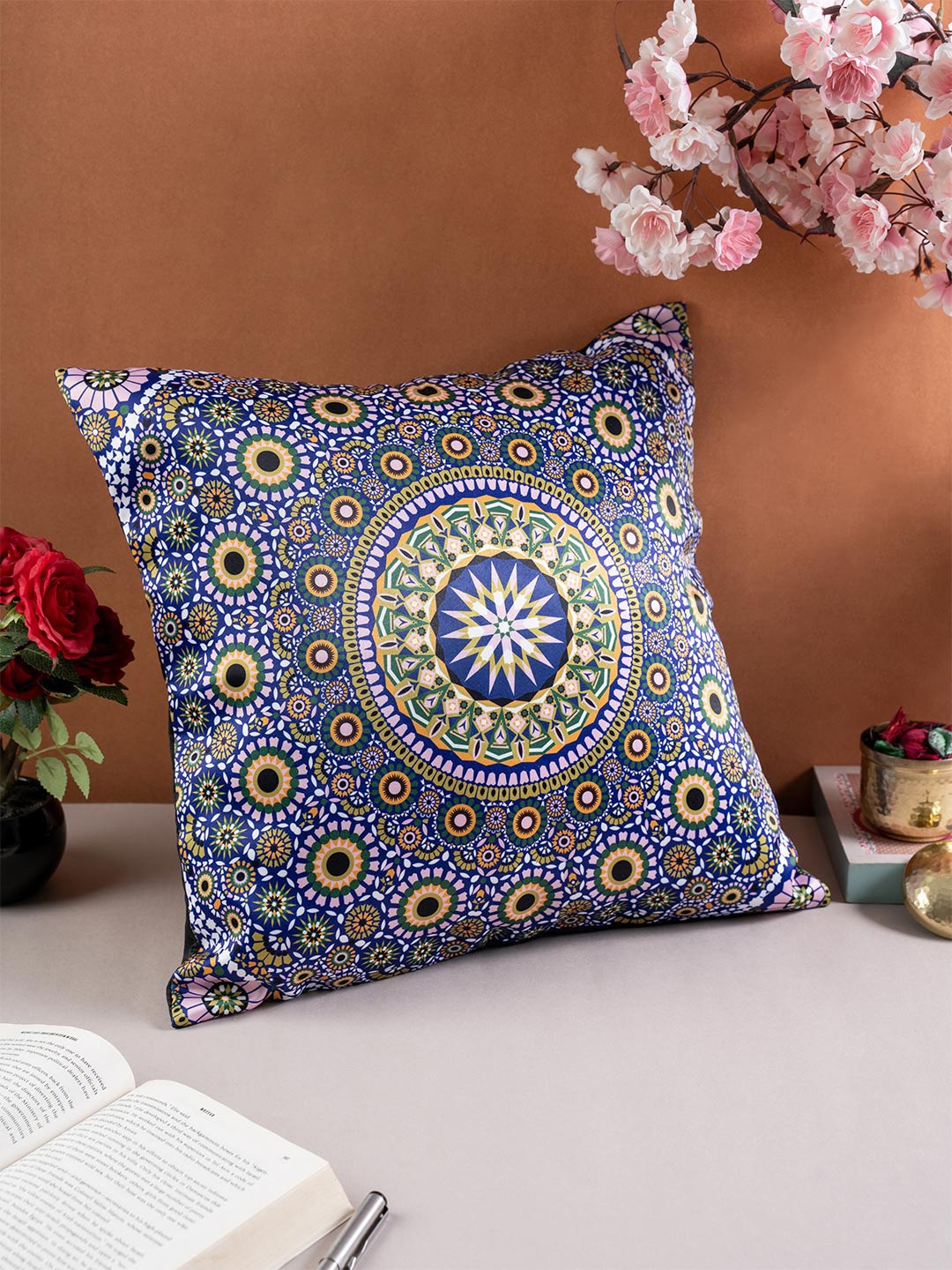 KOLOROBIA Blue & White Ethnic Motifs Satin Square Cushion Covers
