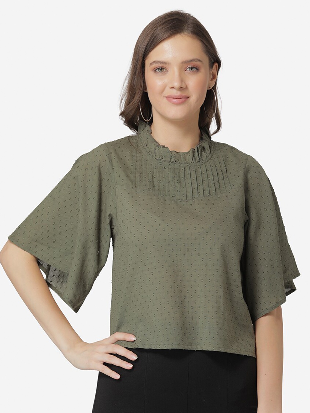 

Modriba Women Olive Green Bell Sleeve Pintuck Cotton Dobby Crop Top