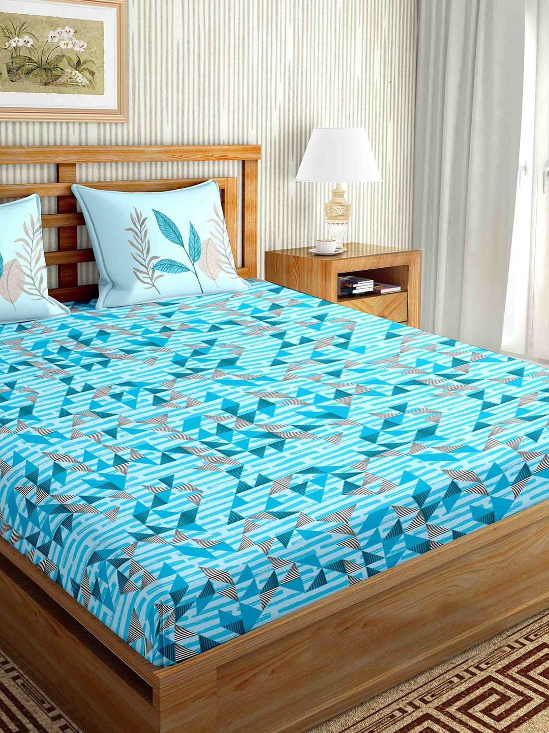 

BELLA CASA Blue & Grey Geometric 160 TC King Bedsheet with 2 Pillow Covers