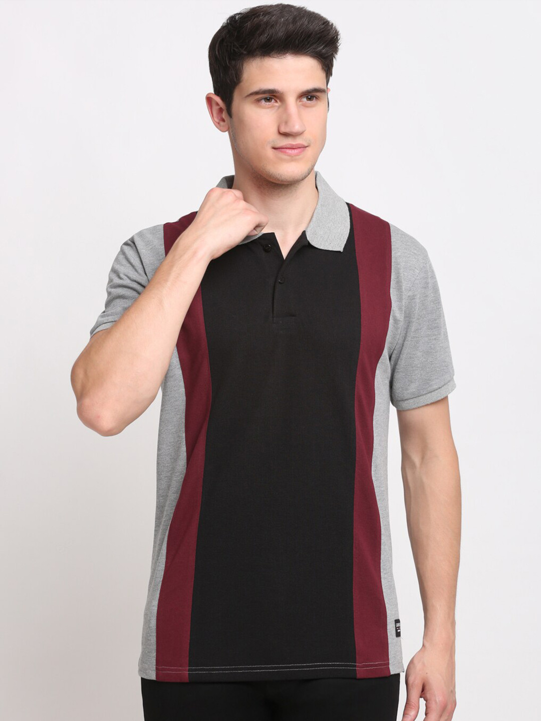 

GRIFFEL Men Grey & Black Colourblocked Polo Collar Cotton T-shirt