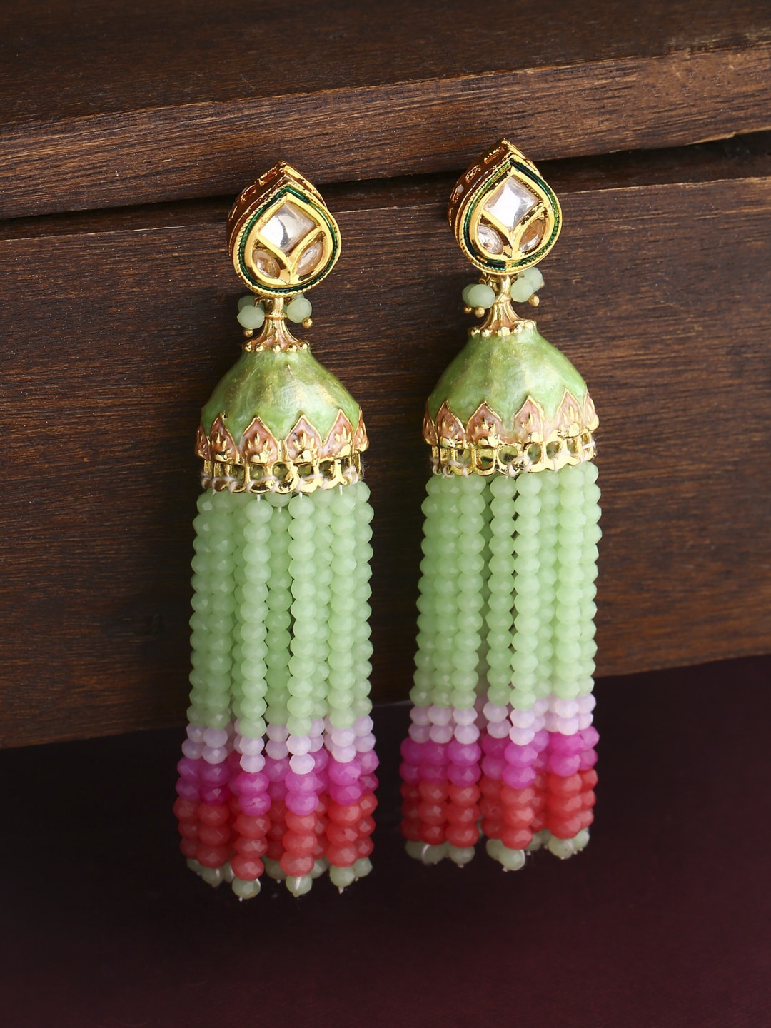 

THE AAB STUDIO Green & Pink ContemporaryGold Plated Jhumkas Earrings