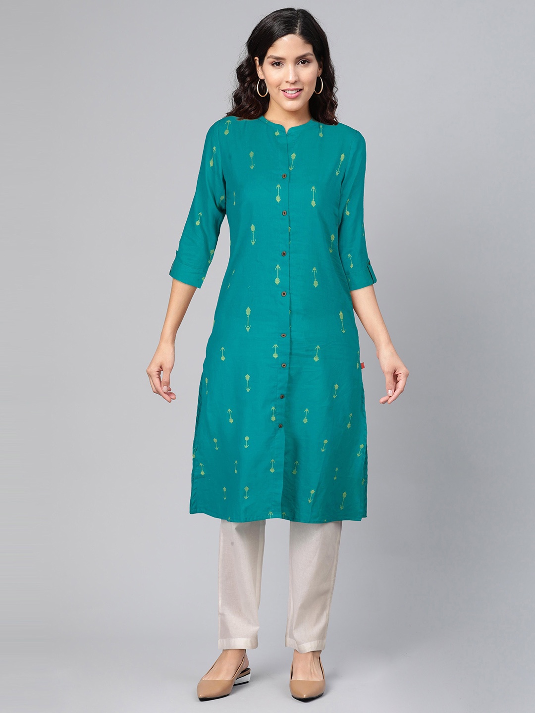 

FLAVIDO Women Sea Green & Yellow Ethnic Motifs Printed Dobby Kurta