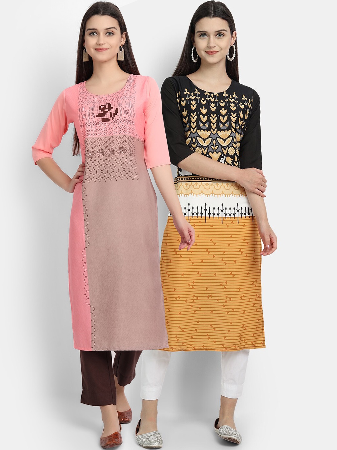 

Ethnic basket Women Multi Embroidered Flared Sleeves Thread Work Crepe Kurta