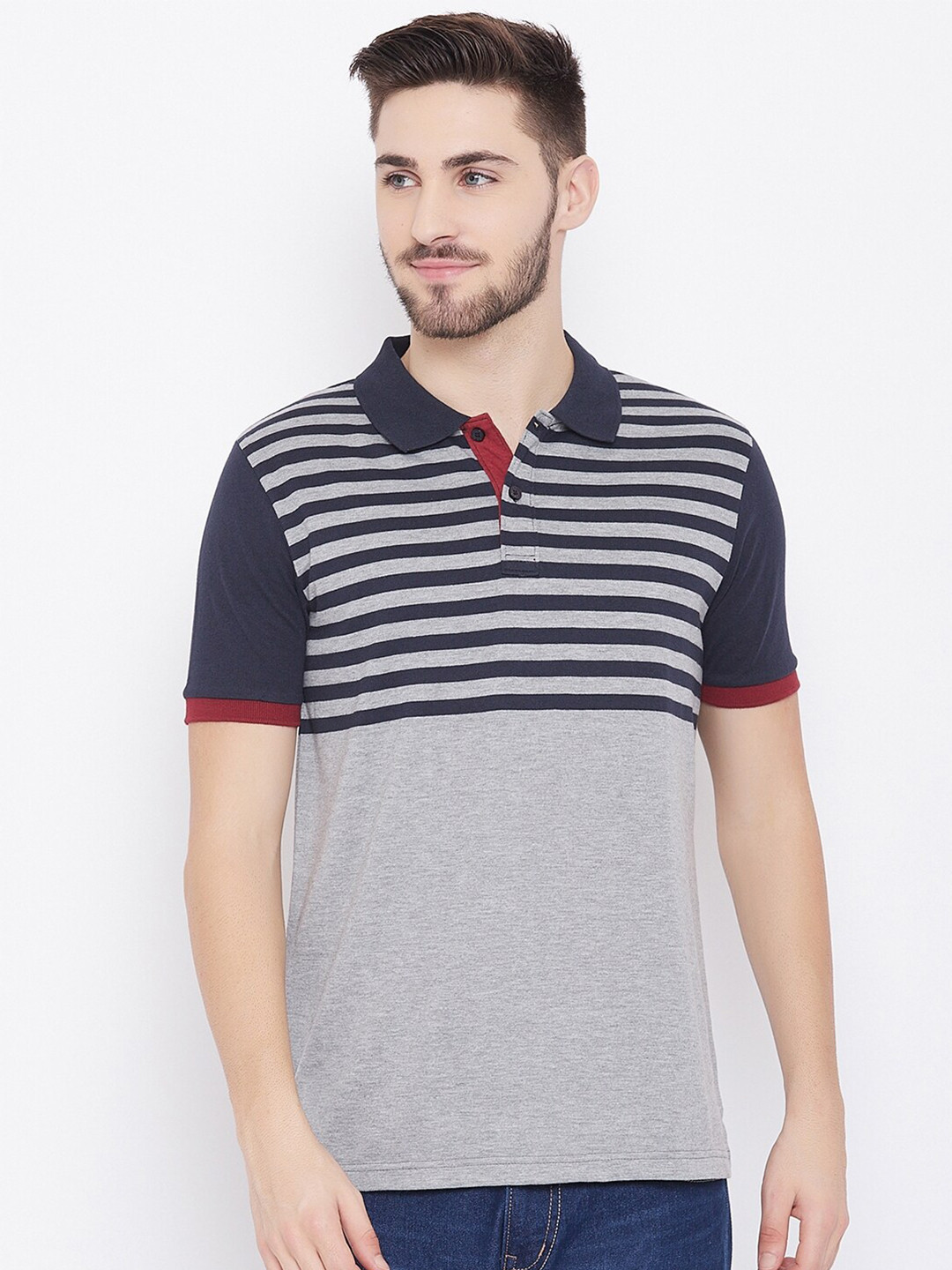 

Austin wood Men Grey Striped Polo Collar T-shirt