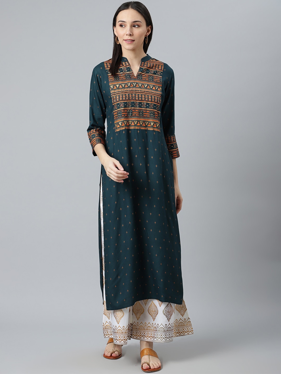 

Libas Women Teal Geometric Printed Straight Kurta