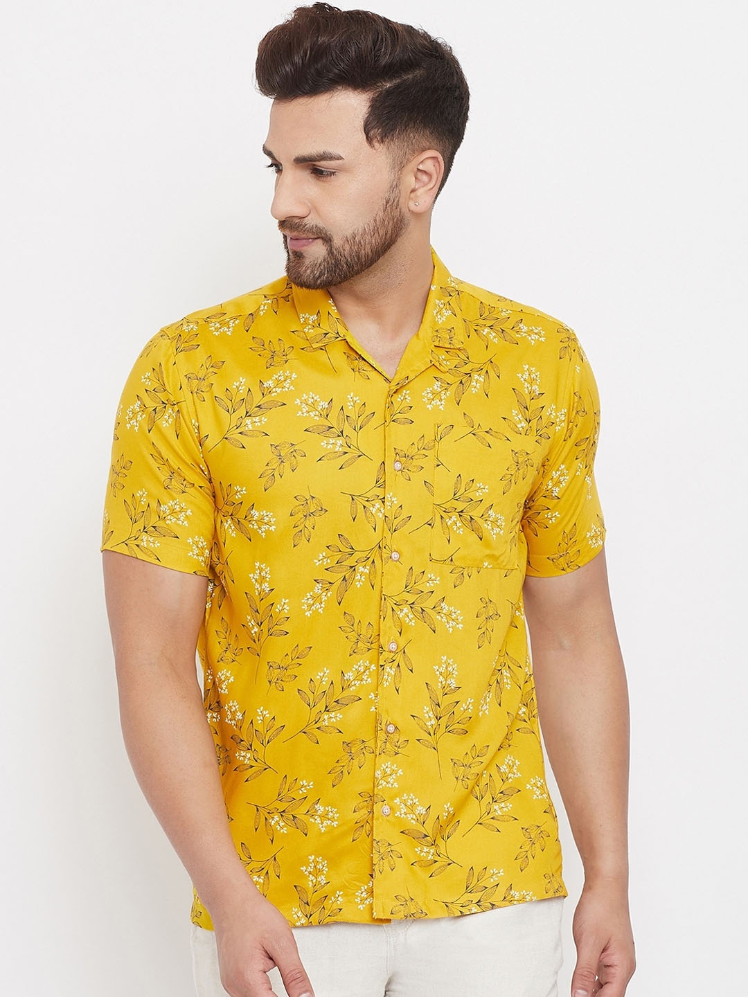 

even Men Yellow Floral Cuban Collar Slim Fit Casual Shirt