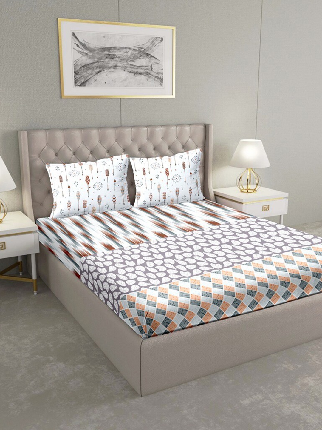 

BELLA CASA White & Brown Geometric 180 TC King Bedsheet with 2 Pillow Covers