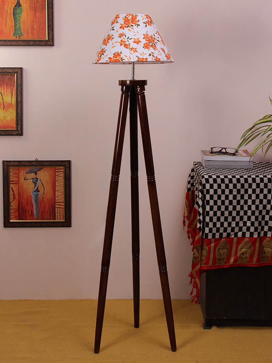 

Devansh White & Orange Printed Traditional Tripod Lamp with Shade