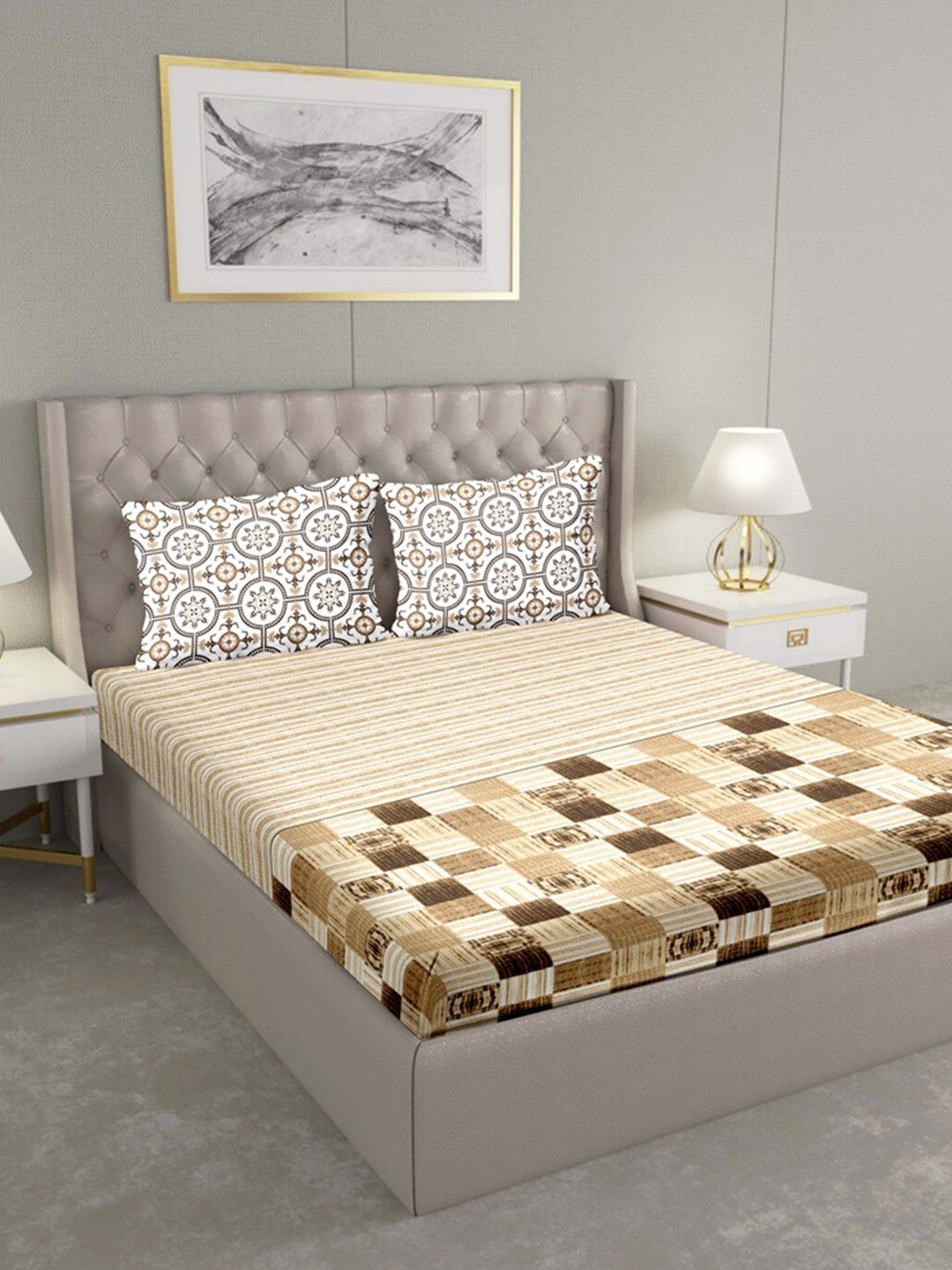 

BELLA CASA Brown & White Geometric 180 TC King Bedsheet with 2 Pillow Covers