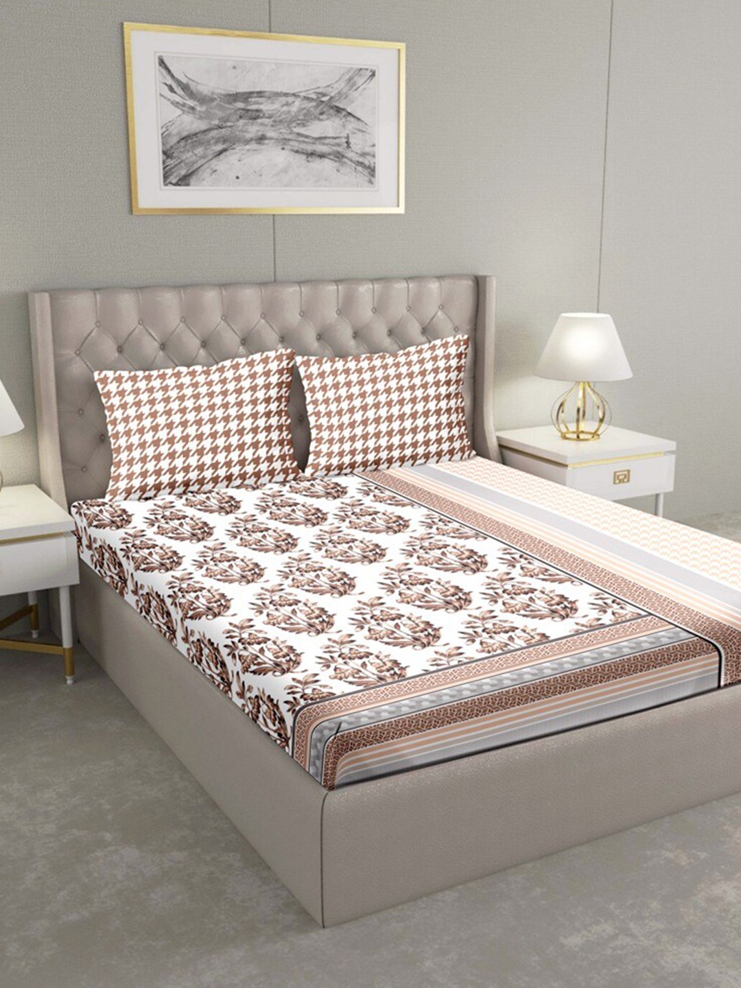 

BELLA CASA White & Brown Ethnic Motifs 180 TC Cotton King Bedsheet with 2 Pillow Covers