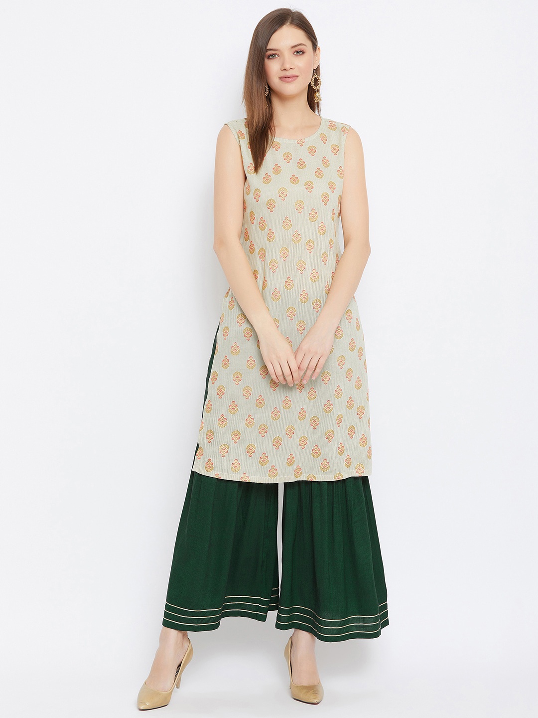 

Bitterlime Women Beige Printed Kurta with Sharara
