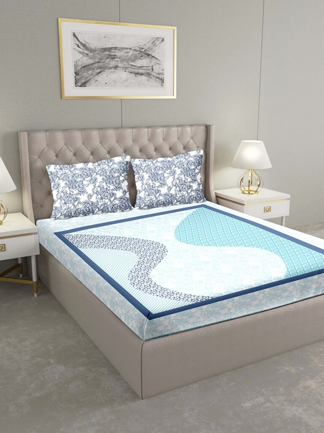 

BELLA CASA Blue & White 180 TC Cotton King Bedsheet with 2 Pillow Covers