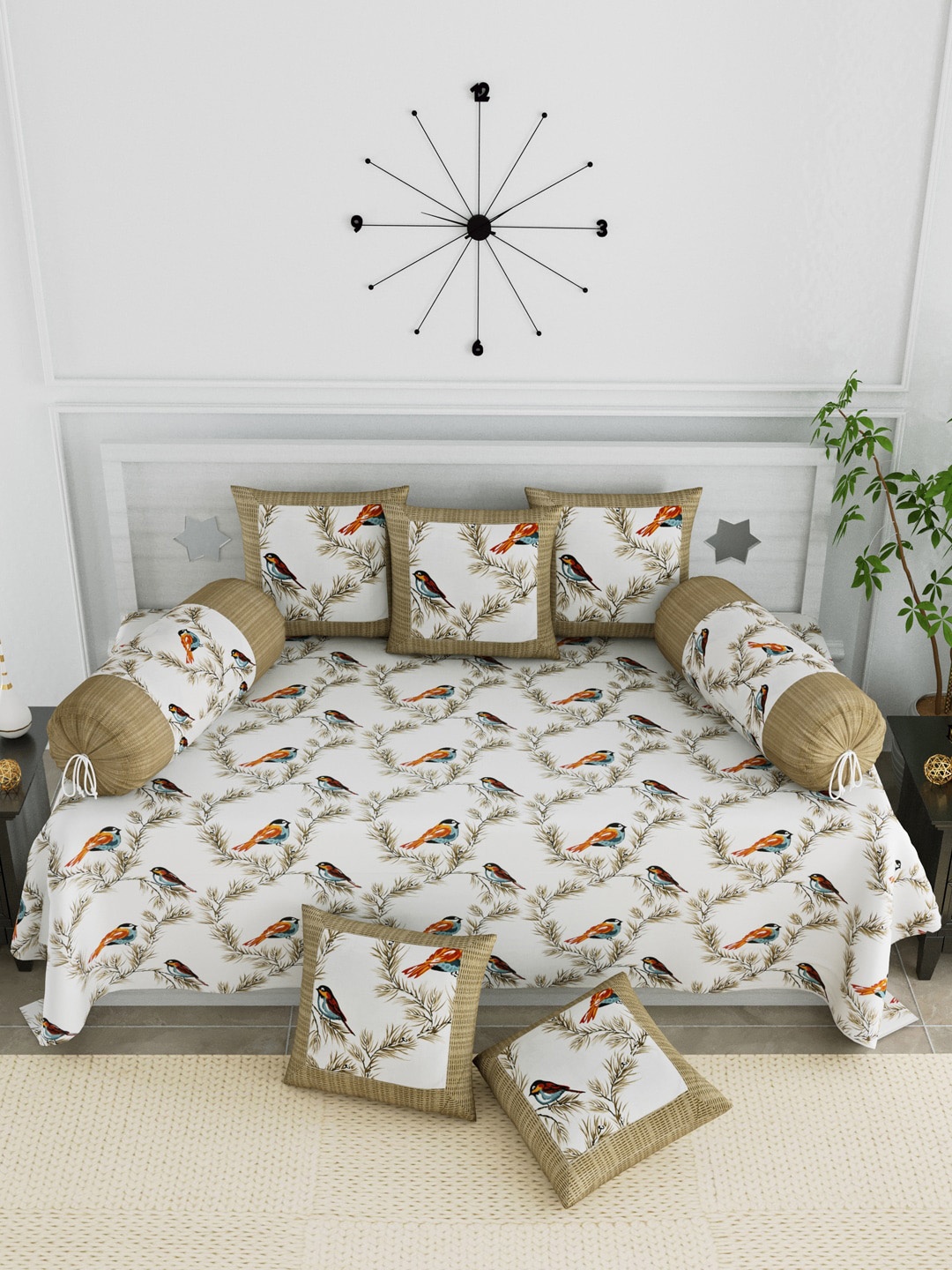 

LIVING ROOTS Set Of 8 White & Brown Printed Pure Cotton Diwan Set