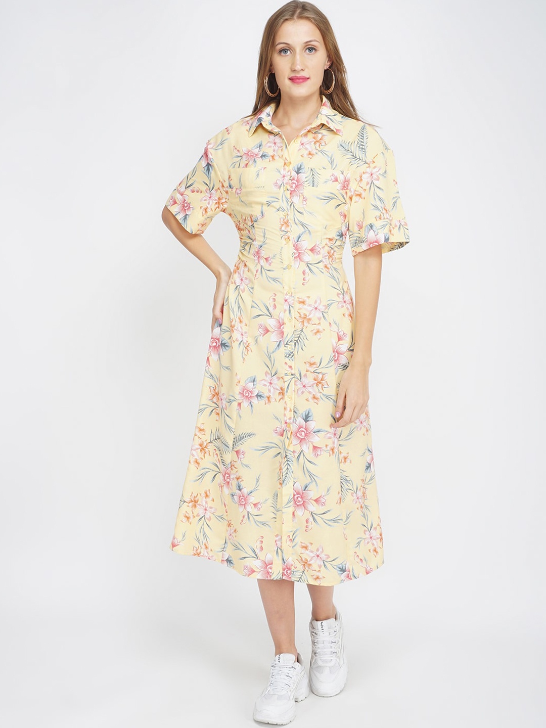 

Oxolloxo Women Yellow & Pink Floral Printed A Line Midi Dress