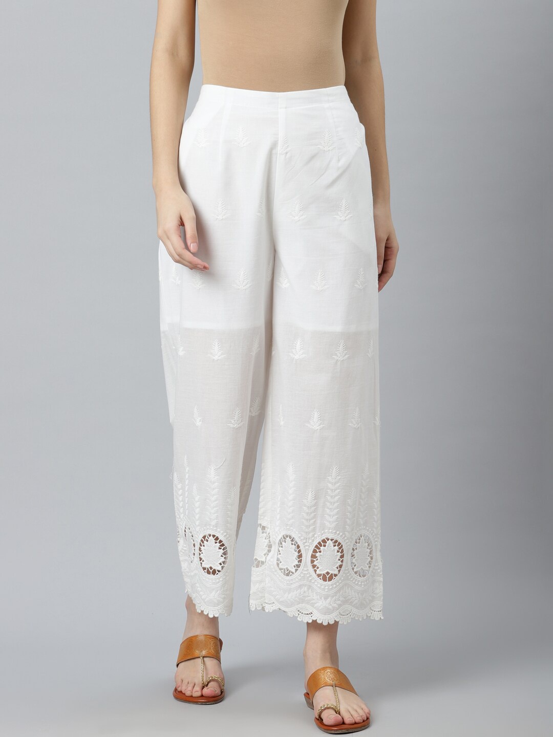 

Libas Women White Floral Embroidered Ethnic Palazzos