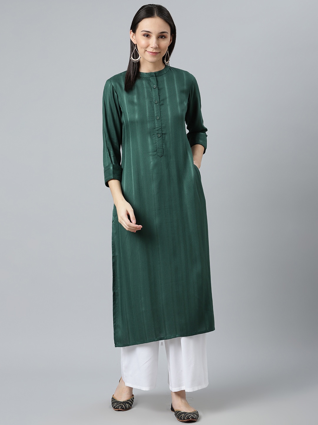 

Libas Women Green Striped Pathani Kurta