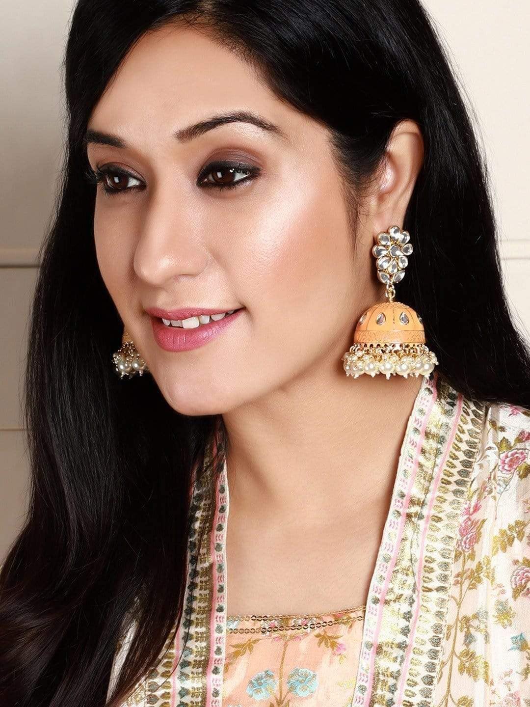 

Rubans Women Yellow Gold Plated Pearl Statement Jhumka Earrings