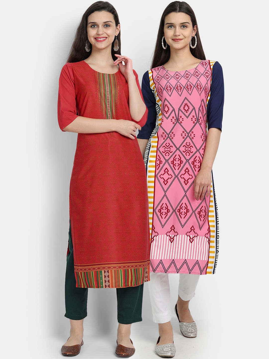 

Ethnic basket Women Pack of 2 Red & Pink Geometric Printed Crepe Kurta